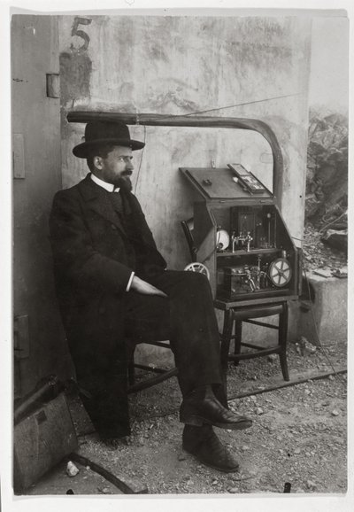 Gustave Ferrie beside his first TSF machine, c.1900 by French Photographer